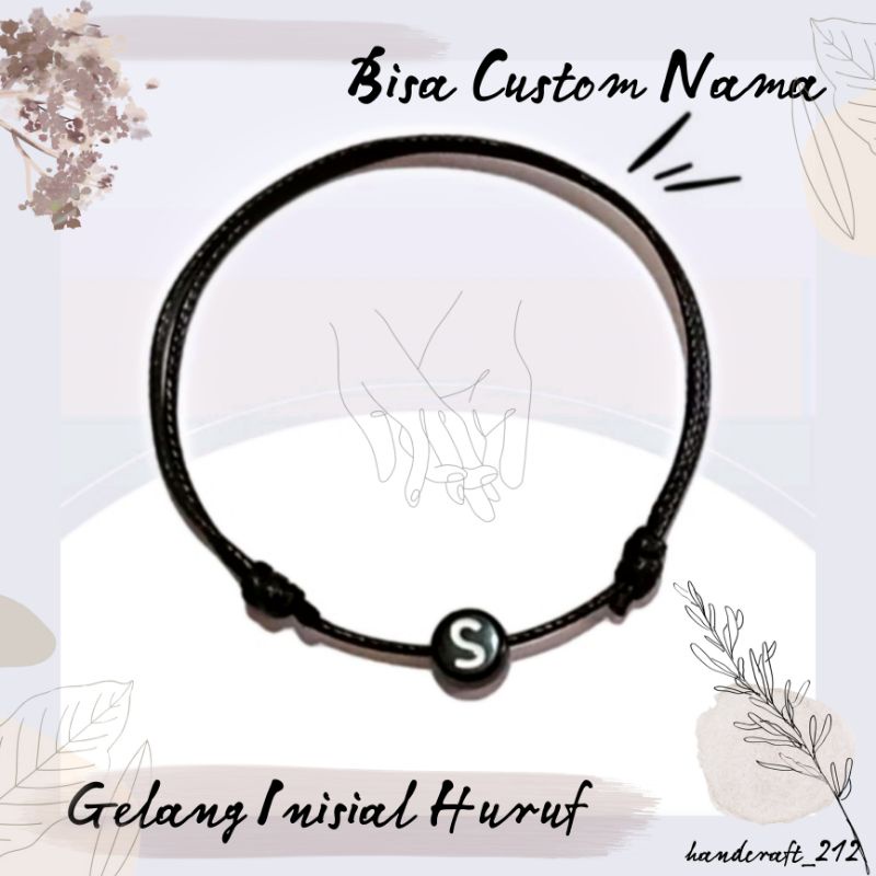 Gelang Inisial Huruf Couple Manik Bulat Hitam A - Z Tali Korea 1mm. Bisa Custom Nama