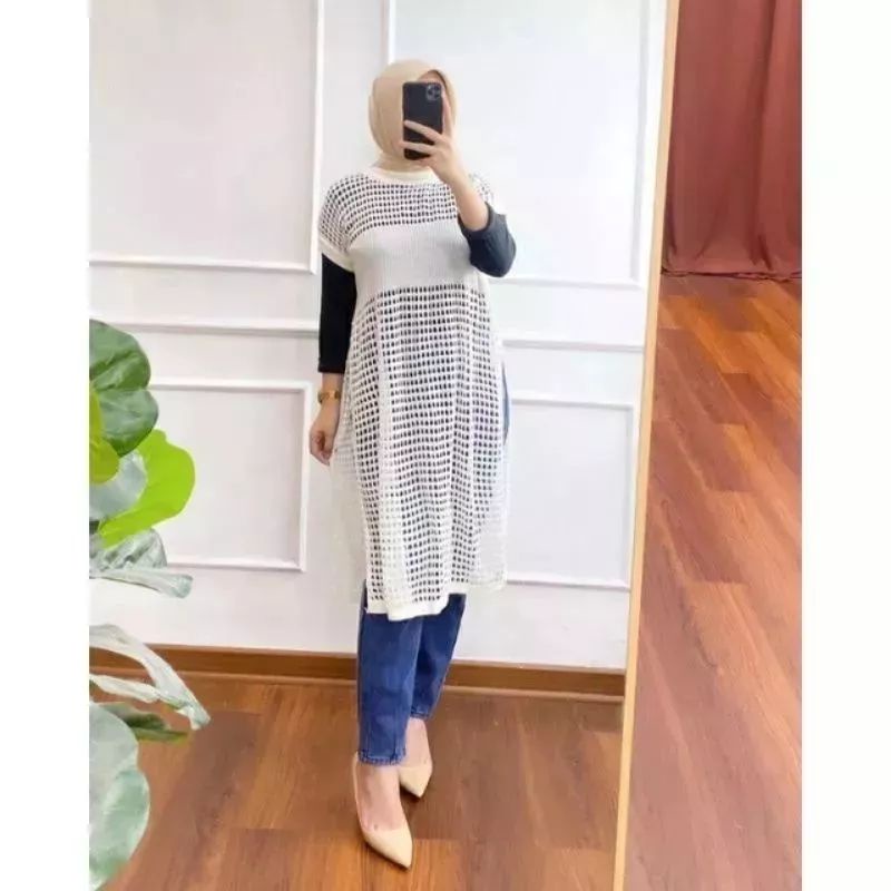 Rubi tunik dress knit belah pinggir atasan rajut jaring