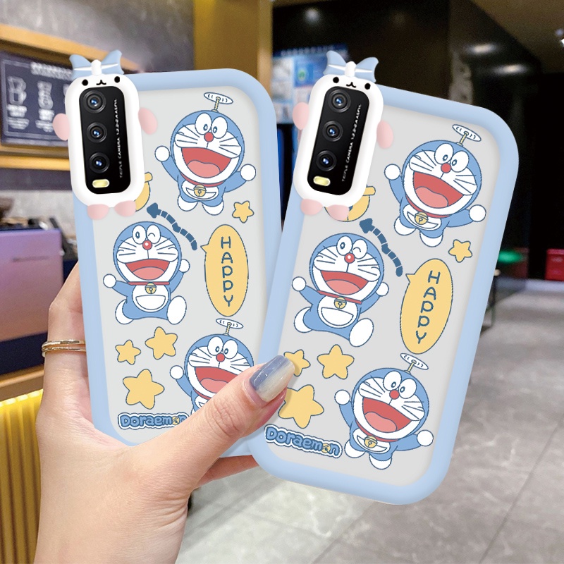 3D Casing Kartun Ponsel untuk VIVO Y20SG Y17 Y112019 Y19 Y91 Y212021 Y50 Y12 Y15S Y16 Y21A Y21S Y21T Y22S Y30I Y33S Y35 Y55 Y75 5G Y512020 Y51A2021 Y53S4G V23E V25E 5G S1 Case Telepon Kamera Kreatif Casing Transparan Cover Happy Star Doraemon