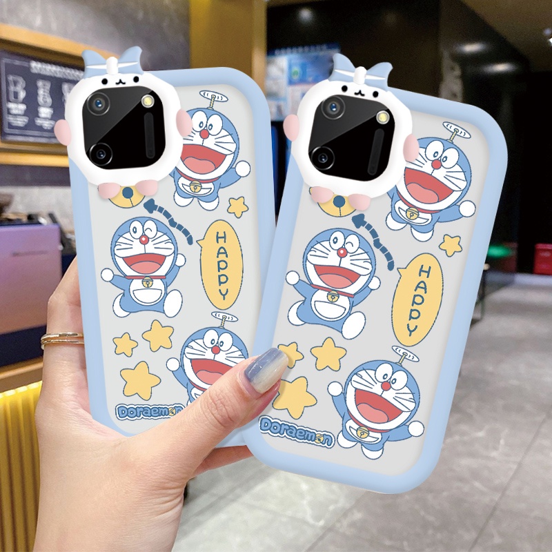3D Casing Kartun Ponsel untuk Realme 2 5 5I 5S 6I 7I 9I 4G Realme C12 C11 2021 C15 C17 C2S C20A C21Y C25Y/S C30S C31 C33 C35 Narzo 10A 20A 30A 50 50A 50IPrime V11 V25 5GCase Telepon Kamera Kreatif Casing Transparan Cover Happy Star Doraemon