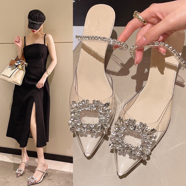TERPERCAYA Sepatu Hak Tinggi Sandal Mules Wanita Transparan Terbaru Premium Murah Korea Gesper Krist