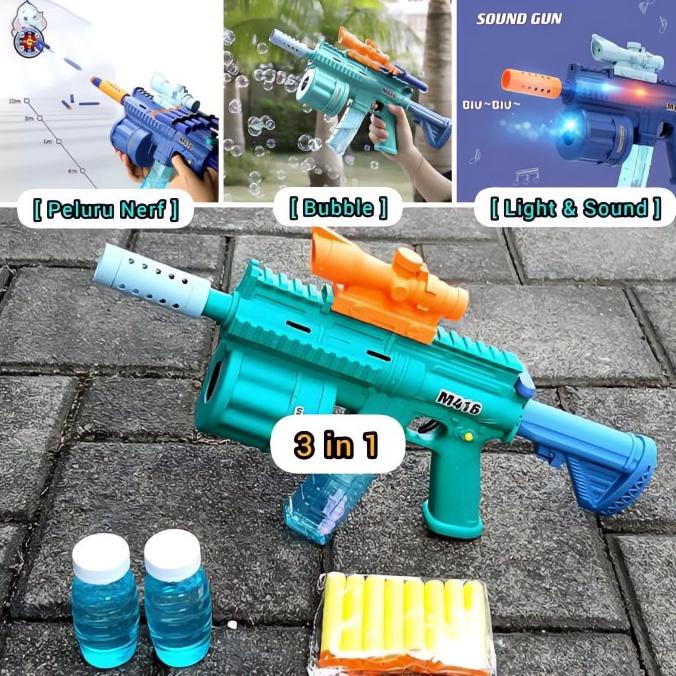 Mainan Tembakan Nerf Blaster M416 3In1 Bubble Gun Baterai Lampu Suara