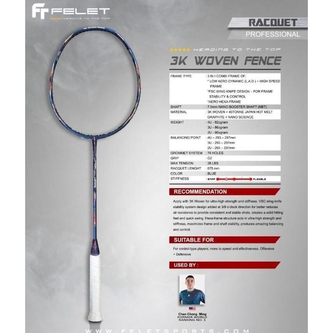 Raket Badminton Felet 3k Woven Fence Original