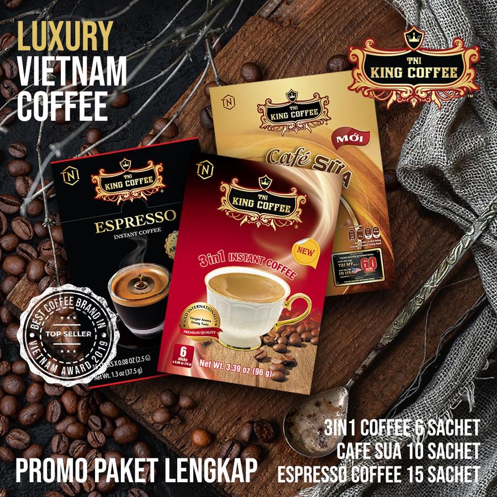 

[Bundling] Promo King Coffee 3 Varian Espresso (15 sachet) 3in1 (6 sachet) Cafe Sua (10 sachet) Kopi Instant Premium Kopi Vietnam by Trung Nguyen Produsen G7 Best Seller