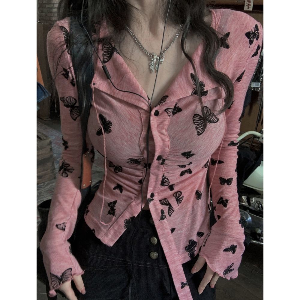 Red Pedas Pinggang Kecil Rasa Desain Halus Kupu-kupu Lengan Panjang Kardigan Kecil Wanita Musim Gugur Baru Retro Pelangsing dan Tipis bottoming Top