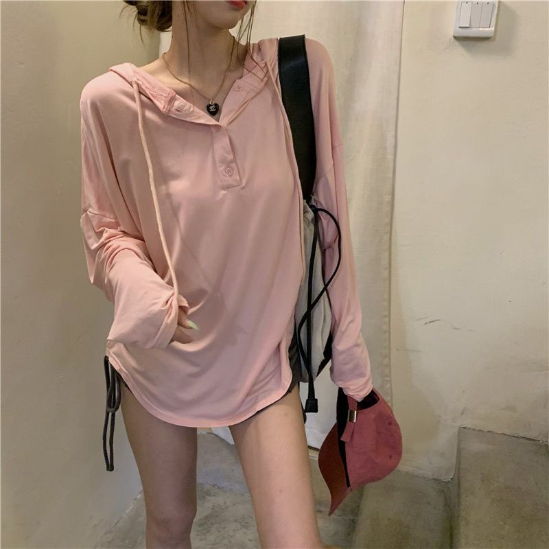 Red Baru Berkerudung Lengan Panjang T-shirt Keinginan Murni Angin Atasan Trendi Tipis Longgar Gemuk MM Ukuran Besar Tipis Perlindungan Matahari pakaian Pakaian Luar Wanita