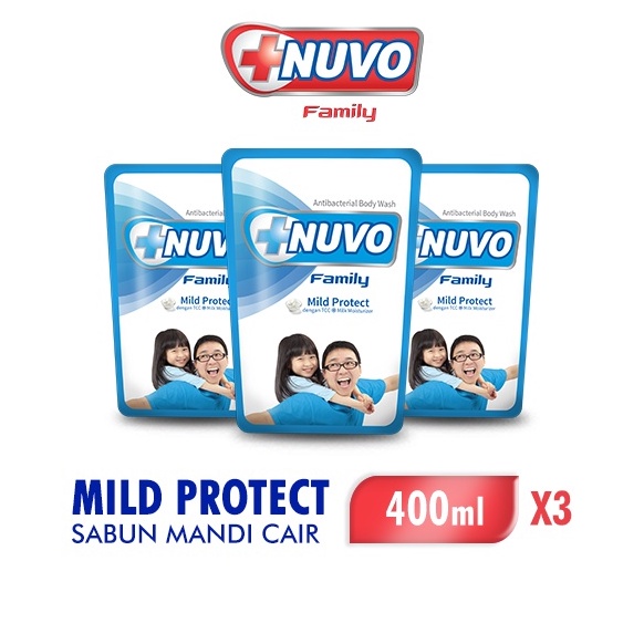 Terlaris Nuvo Family Sabun Mandi Cair Mild Protect Biru Pouch 400Ml X3 03N