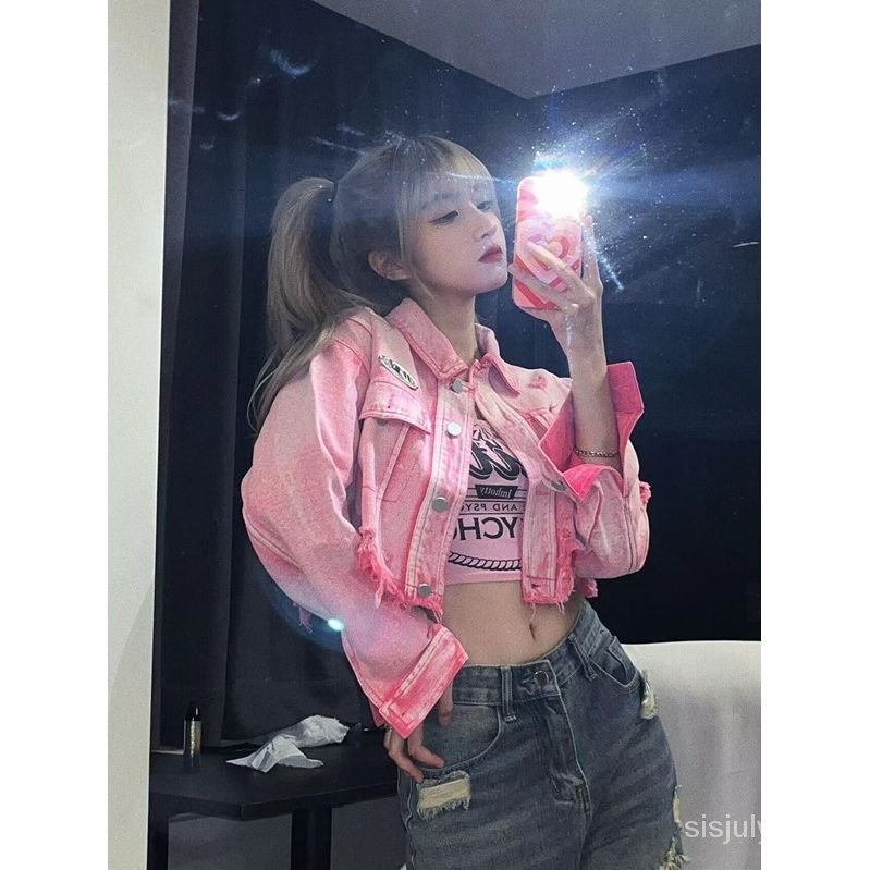 [✅BISA COD] #Sisjuly# Jaket wanita / jaket pendek denim lubang dicuci merah muda baru / jaket pendek