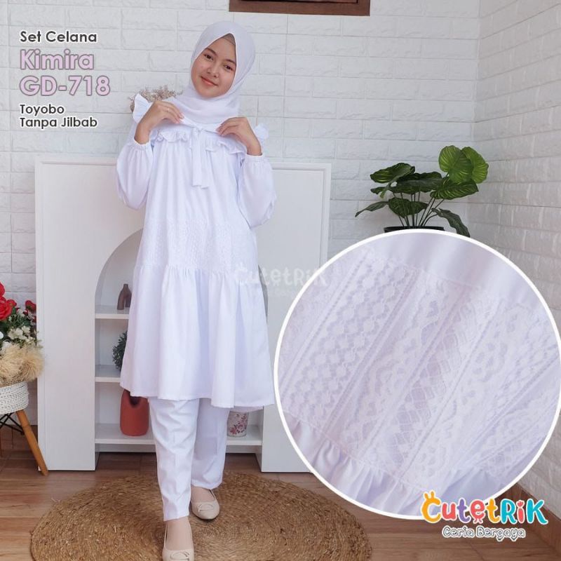 Cutetrik Setelan Baju Muslim Anak Perempuan Set Celana Tunik Putih Hitam Brocade