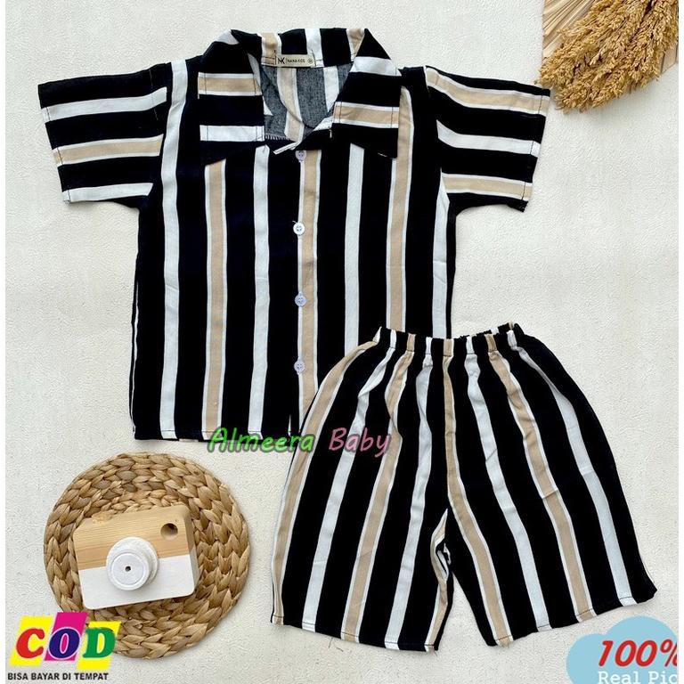 COD One Set Setelan Anak Rayon Lengan Pendek Motif Salur Usia 3-12 Bulan Almeera Baby and Kids alpo