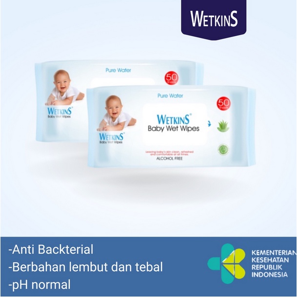 (KEMASAN BUY 1 GET 1 FREE) WETKINS Baby Wet Wipes - 50 SHEETS ❤ jselectiv ❤ Tisu Basah Bayi WETKINS - ORI✔️BPOM✔️COD✔️