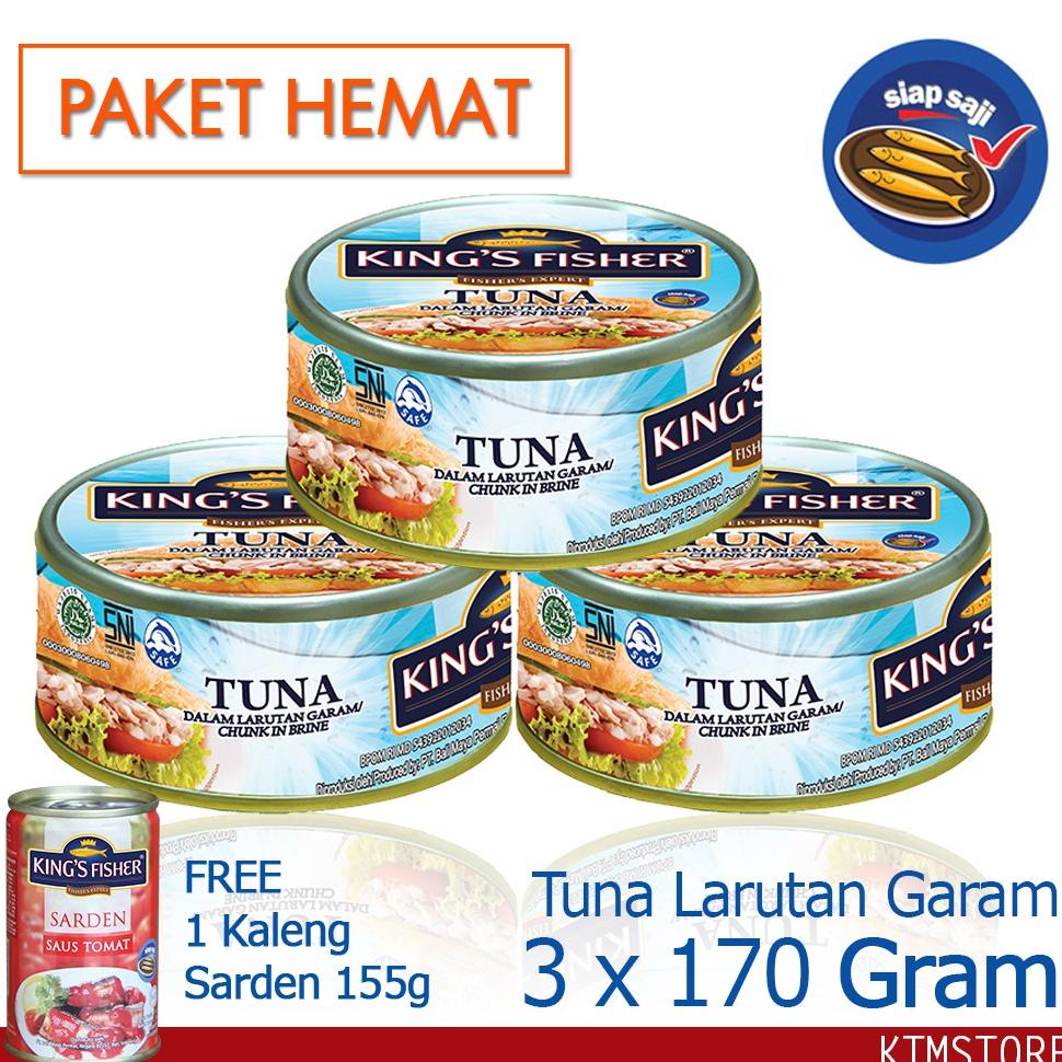 

Paket 3 pcs Kings Fisher Tuna dalam Air Garam 170g gratis sarden 155g Best Seller