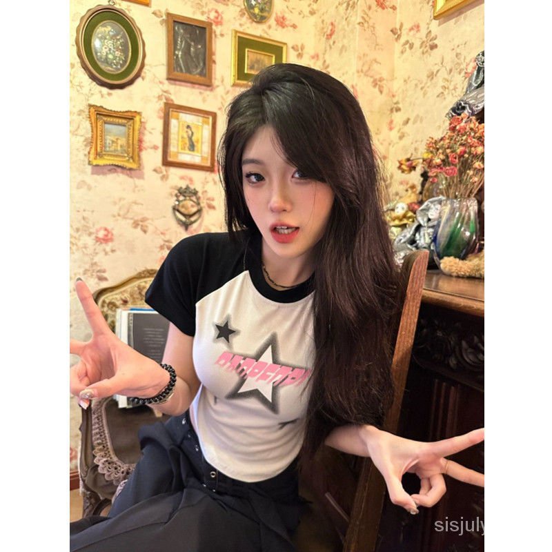 [✅BISA COD] #Sisjuly# Atasan Y2K wanita / kaos lengan pendek wanita lengan pendek motif bintang Amer