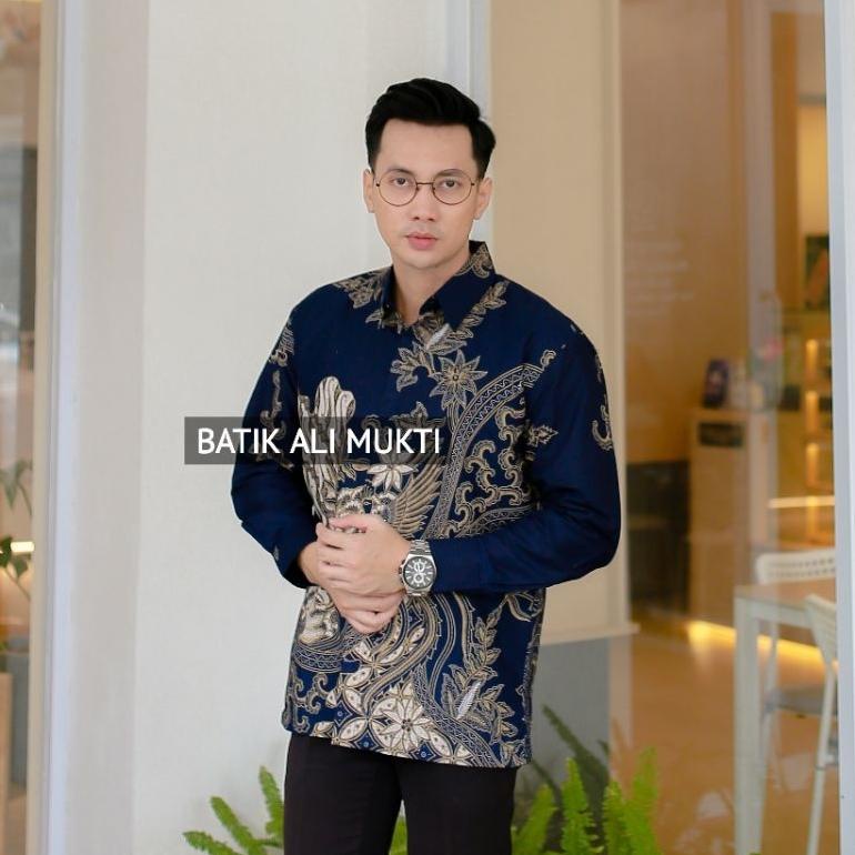 COD SELING NAVY Kemeja Batik Pria Lengan Panjang Modern Premium Jumbo Biru Navy Navi - Baju Hem Bati