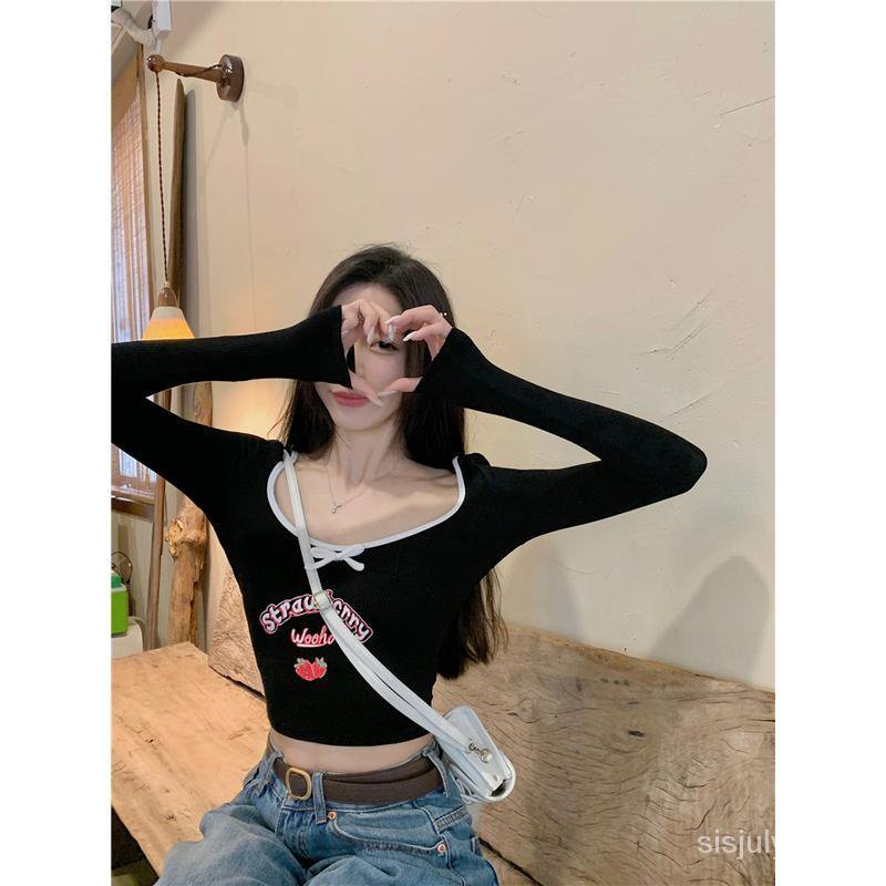 [✅BISA COD] #Sisjuly# Atasan Y2K wanita / Tabrakan kaos lengan panjang lengan bawah U-neck T-shirt w