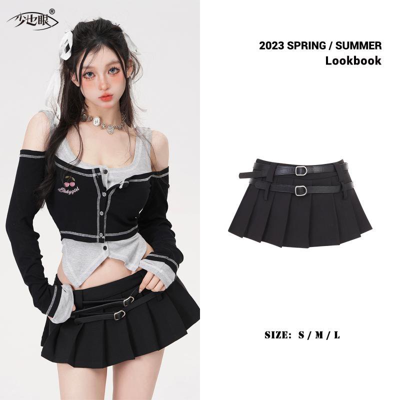 [✅BISA COD] #Sisjuly# Rok lipit wanita / rok hitam murni kasual / ikat pinggang ganda pelangsing rok