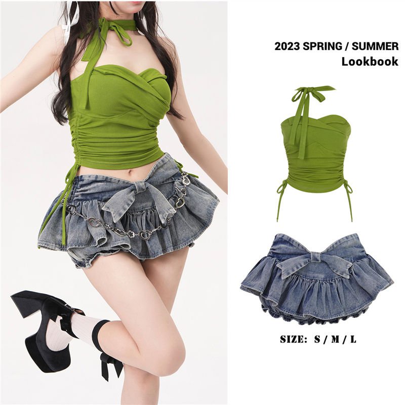[✅BISA COD] #Sisjuly# Setelan Wanita/Rok Denim + Atasan Pendek Wanita Bertali Halter