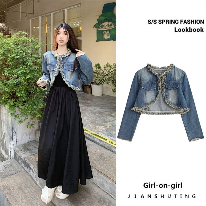[✅BISA COD] #Sisjuly# Jaket denim wanita / jaket denim pinggiran pendek berpotongan bulu wanita + se