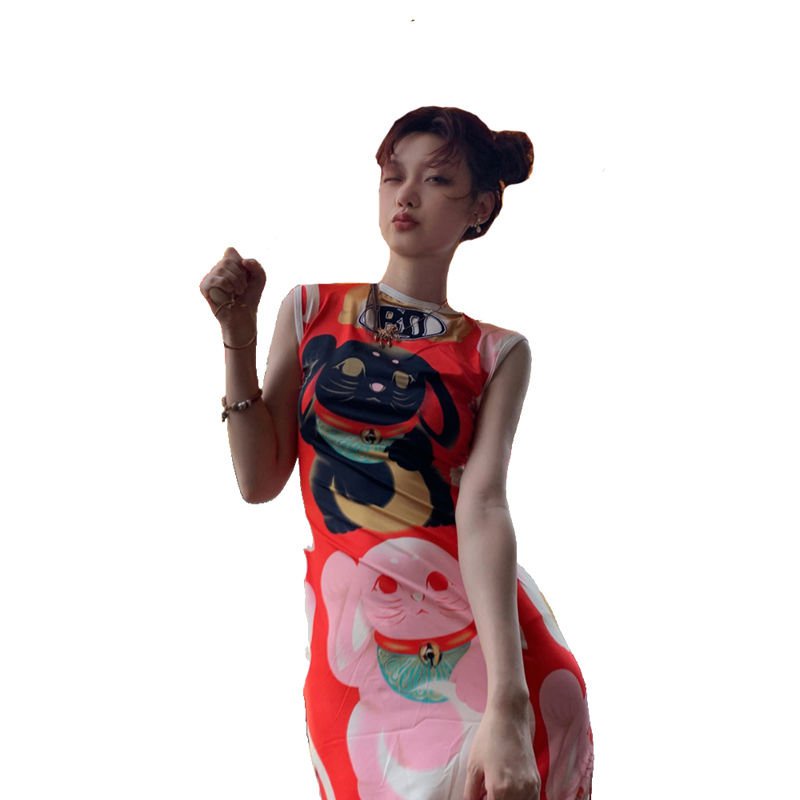 [✅BISA COD] #Sisjuly# Gaun wanita / gaun cheongsam bermotif kelinci keberuntungan baru / gaun rompi