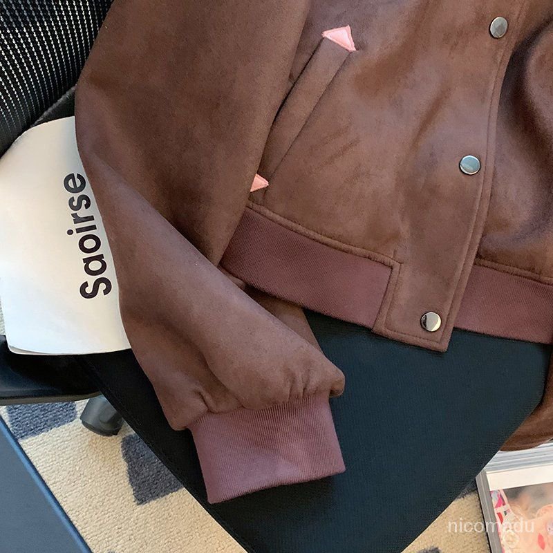 Nico##Jaket baseball kulit retro wanita musim baru jaket kasual longgar atasan/jaket korean style