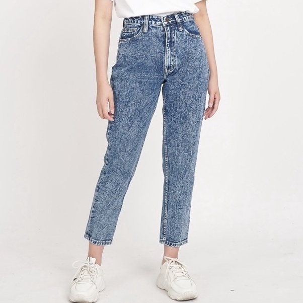 LANGSUNG ORDER: Esrocte Celana Boyfriend High Waist Jeans Wanita P04 - Blue Snow 26-38