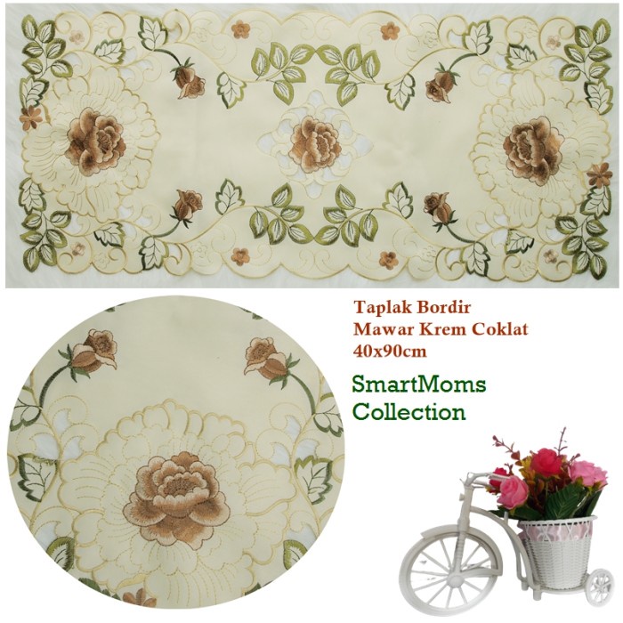 Taplak Meja Bordir Bunga / Taplak Meja Tamu Bordir Import Mewah Krem