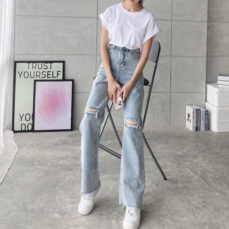 Korean Style Kasual Bagy Jeans Panjang Wanita Tinggi Jeans Lurus  Loose Wide Leg Celana Jeans Wanita