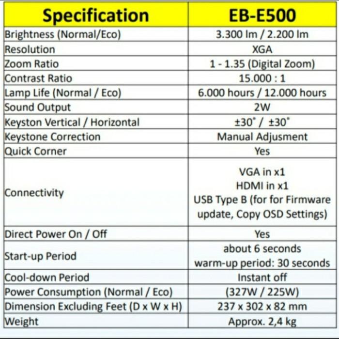 Projector Epson Eb-E500 Xga 3300 Ansi Lumens-Hdmi