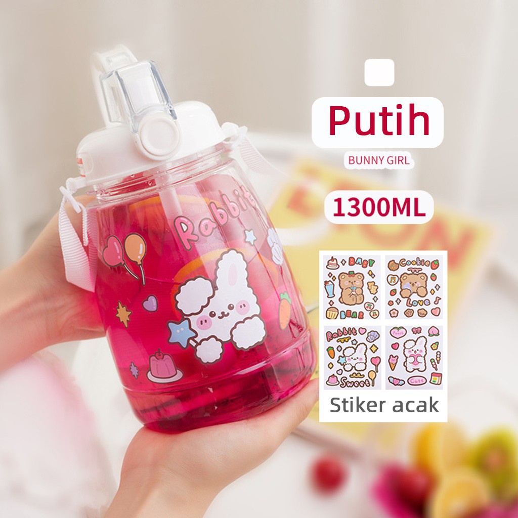 1100/1300ML Botol Minum motivasi gratis stiker botol air minum anak plastik lucu cangkir kartun portabel stiker Big Belly Bottle