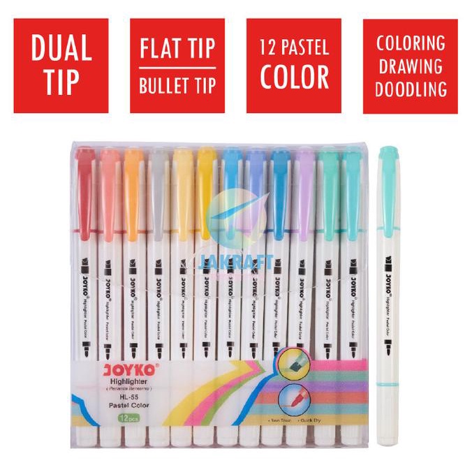 

Spidol Highlighter Marker Pastel 12 Warna 2 in 1 JOYKO HL-55 Dual Tip