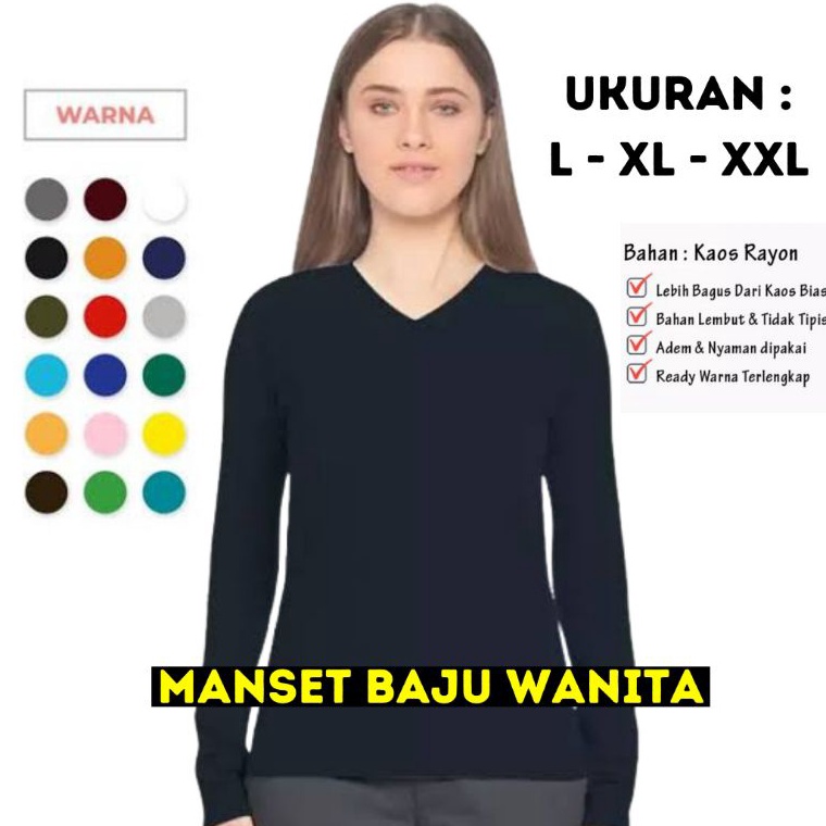 Manset Baju Wanita Kaos Polos Lengan Panjang Murah V neck Deker Panjang L XL JUMBO ➶Terkini