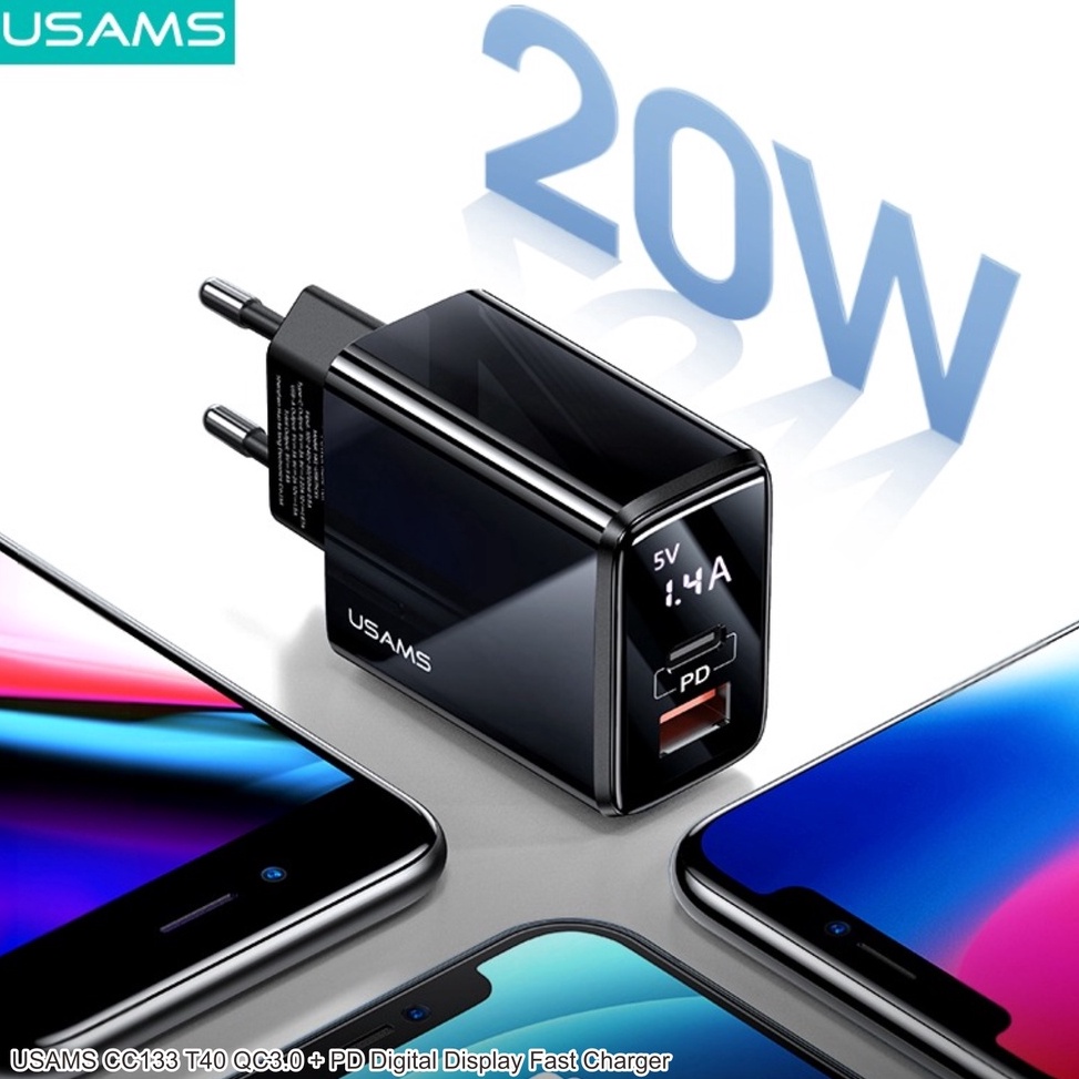 LANGSUNG ORDER USAMS T40 Adapter Charger Fast Charge Digital Display PD20W QC3.0