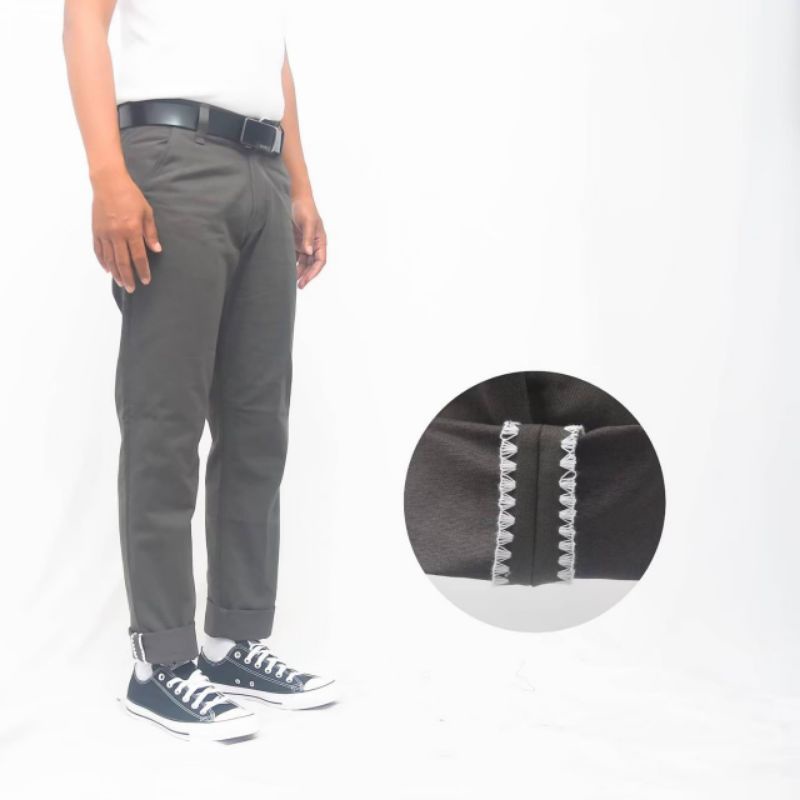 Wisdom Pants Chino panjang Straight Stitching Aksen -Charcoal