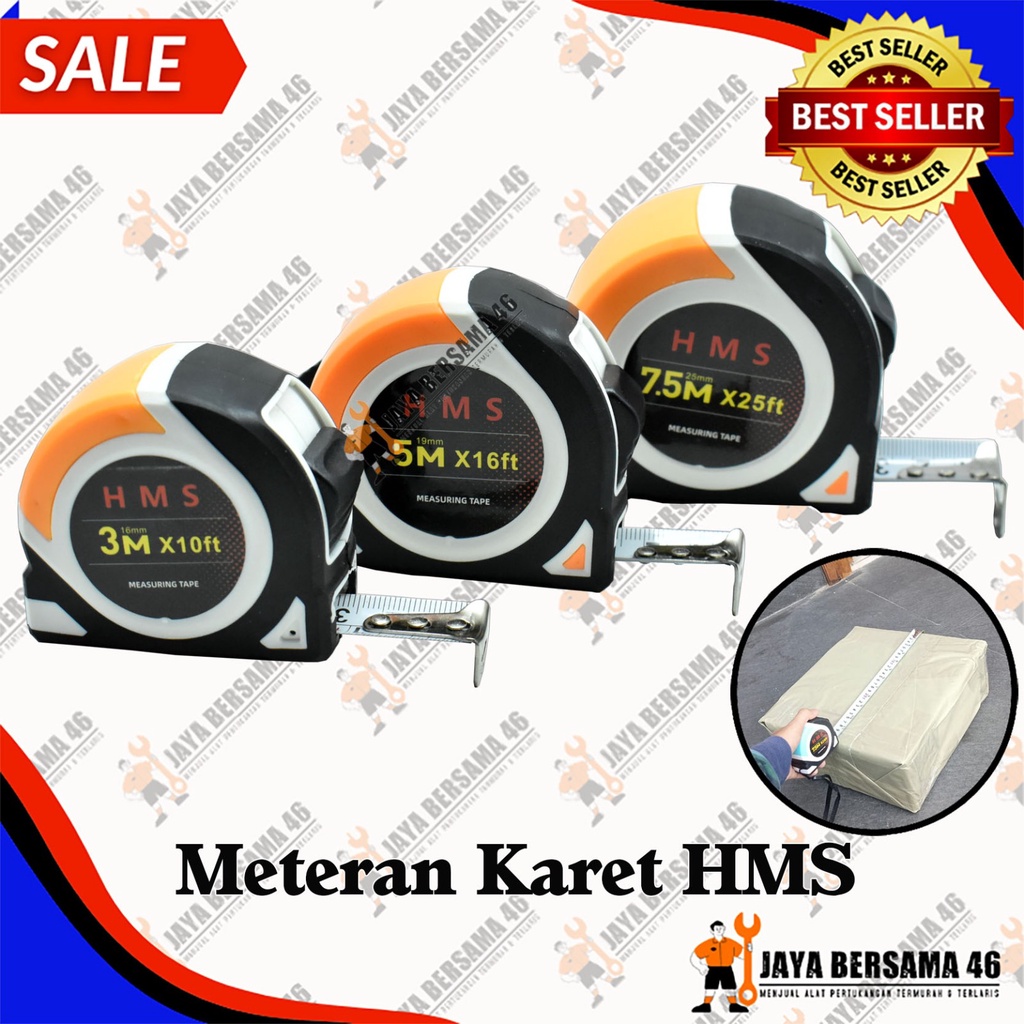 METERAN KARET HMS / METERAN TUKANG BANGUNAN / METERAN GULUNG / MEASURING TAPE / PITA UKUR / ROL ROLL METER / ALAT UKUR TUKANG / METERAN 3M 5M 7,5M