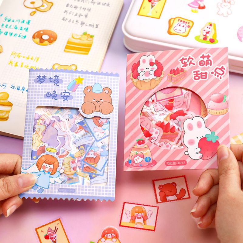 1 SET ISI 45 PCS STICKER AESTHETIC STIKER MAKANAN LUCU STICKER CAKE BERBAGAI MACAM MOTIF LUCU IMUT A