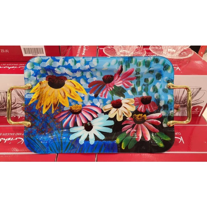 

Nampan Saji Kaca Motif Bunga Background Blue - Ukuran 47x25cm