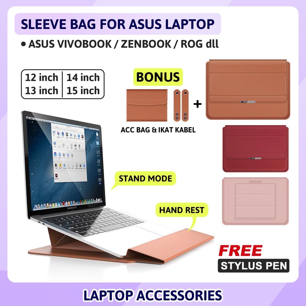 Ready Tas Sleeve Stand Bag Cover Sarung Casing Laptop 13 14 15 Inch Asus Vivobook Zenbook Oled Flip Ultra K413Eq K413Ea A413Ja L510Ma X441Ma E410Ma Br1100Fka Br1100Cka E410M Pelindung Body Leptop Standing Pu Leather Premium 3In1 Aksesoris Acc Pouch