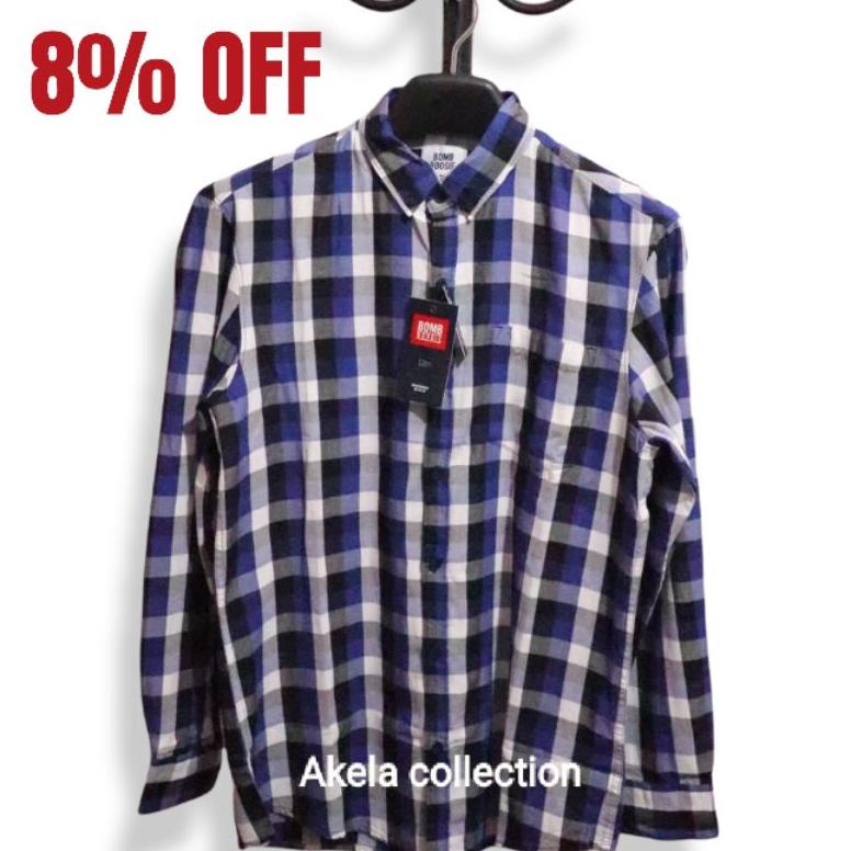 7.7 Kemeja Pria Bomboogie Regular Fit Lengan Panjang Hudson Blue Black Shirt