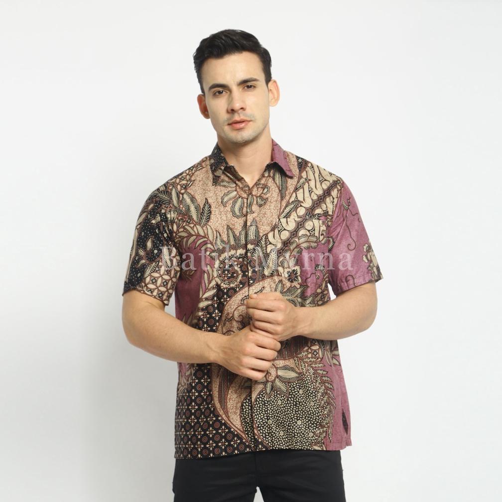 Terbaru Batik Myrna - Kemeja Batik Lengan Pendek Baju Atasan Pria Motif Fauna Lilac