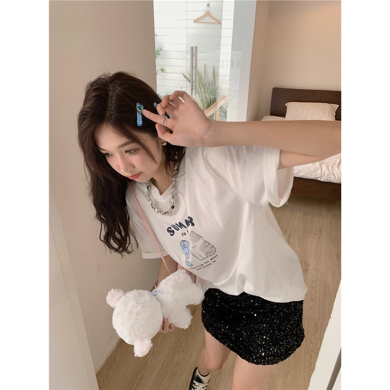 Red Hong Kong style American letter printing lengan pendek t-shirt wanita musim panas leher bulat baru slim casual style white loose top