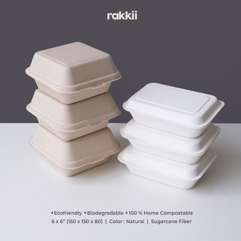 RAKKII - [10 PCS] BAGASSE BOX BENTO BURGER CAKE LUNCH BOX 15 X 15 CM NATURAL 6 INCH