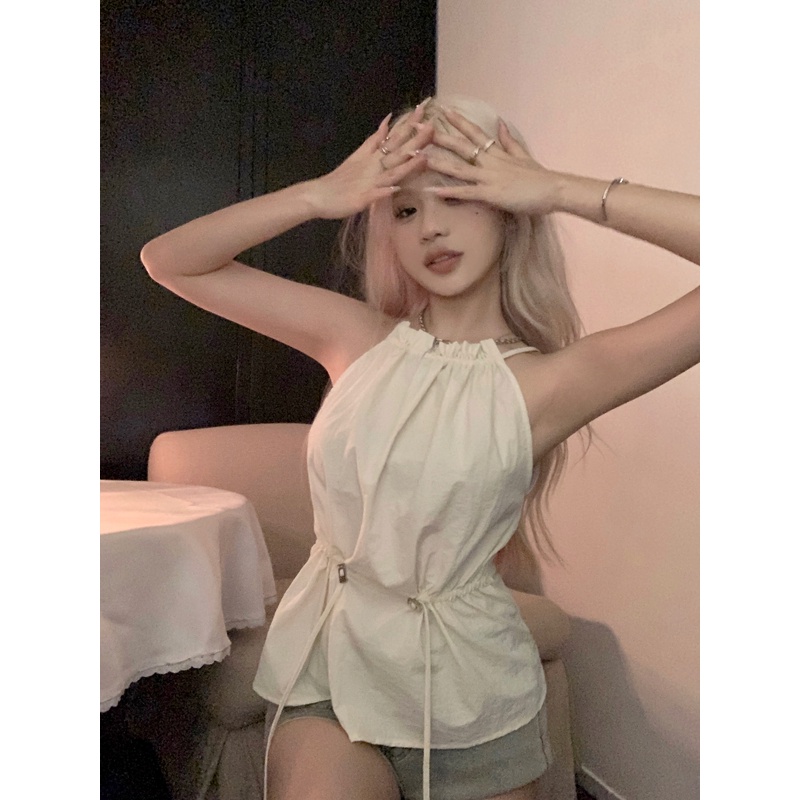 Red Sweet Spice Girl Pink Halter Neck Kamisol Rompi Kecil Wanita Pakaian Luar Musim Panas Serut Tanpa Lengan Pendek Perancis Slim Top