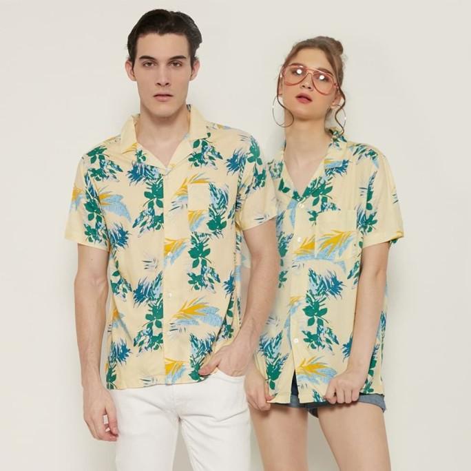 M231 Kemeja Printing Hawai Motif Daun Warna Kuning 0549A