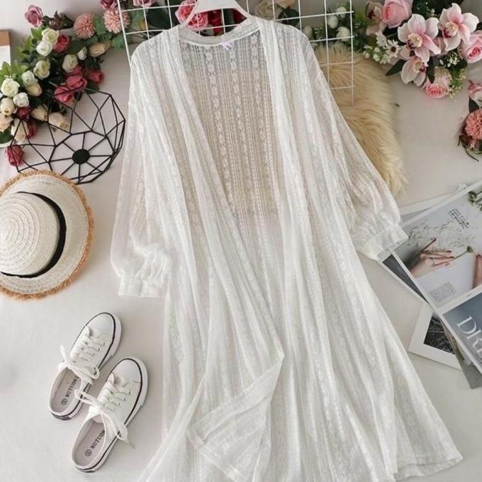 Atasan Wanita Long Outer Brokat Lace Cardigan Putih lengan panjang