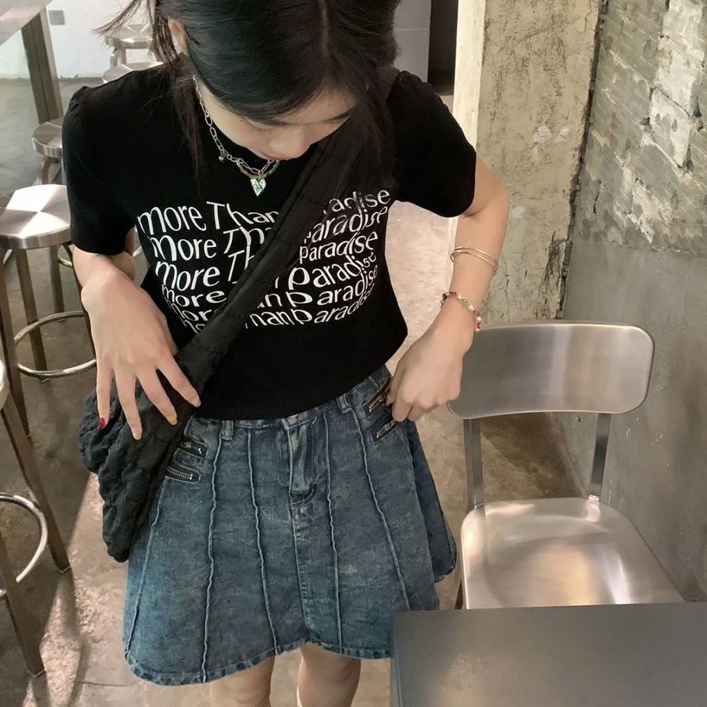 Red High Waist Thin Top [Kapas] INS Trendi Retro American Letter Printing Hot Girl Black Lengan Pendek T-shirt Wanita