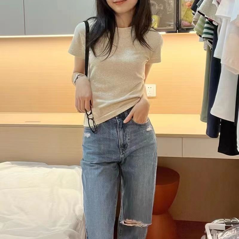 Red Tidak Bocor Pinggang dan Bahu Kaos Wanita Lengan Pendek Musim Panas Pakaian Wanita American Retro Hot Girl Menutupi Perut slim Slim Top