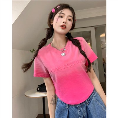 Red 100% katun musim panas baru Amerika retro hot gadis gradien warna lengan pendek T-shirt huruf tie-dye pendek top wanita ins