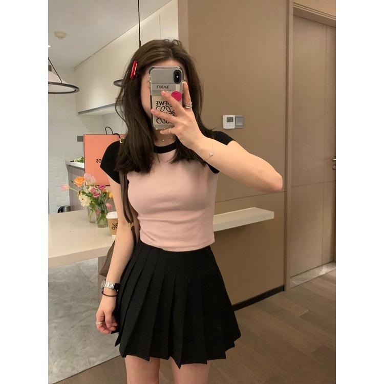 Red Rasa desain bahu pendek lengan pendek T-shirt wanita musim panas versi Korea baru dari slim slim raglan lengan leher bulat top