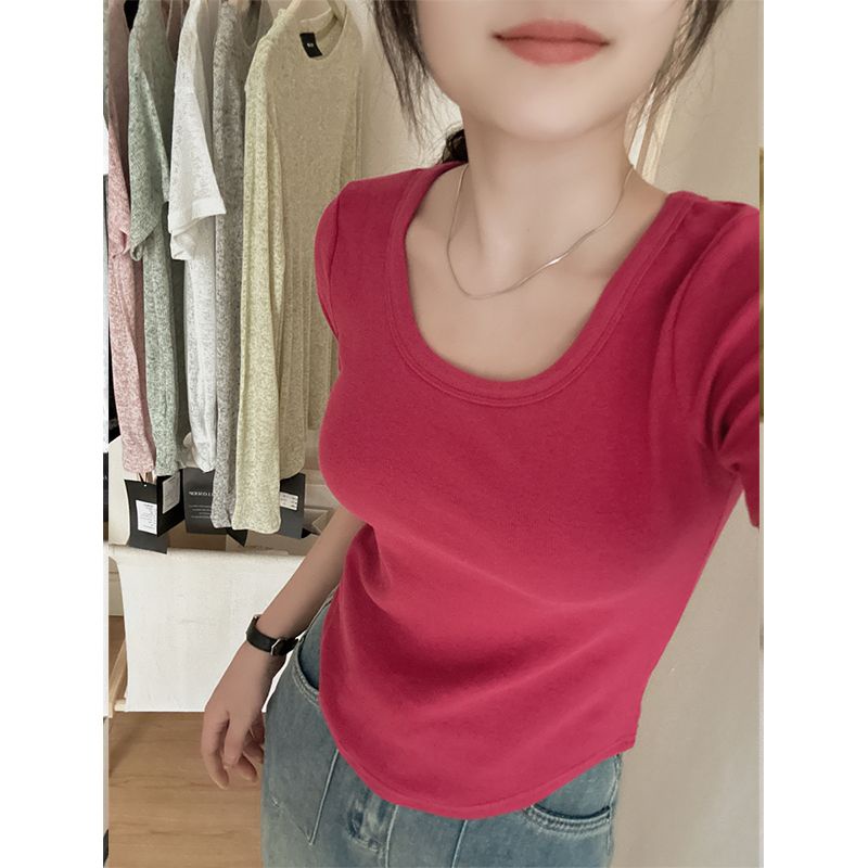 Red Hem tidak beraturan U-neck berwarna permen T-shirt wanita 2023 musim panas baru slim-fit atasan lengan pendek