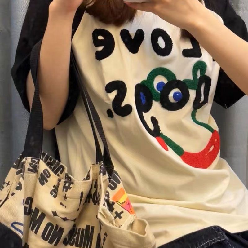 Red [100% katun] ins net merah musim panas handuk anak anjing baru bordir splicing longgar leher bulat lengan pendek t-shirt fashion wanita